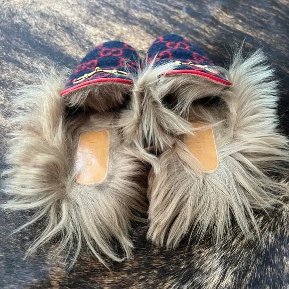 SOLD!! GUCCI DOUBLE GG WOOL/SHEARLING FUR MULE/SHOES/SLIDE - Picture 6 of 9